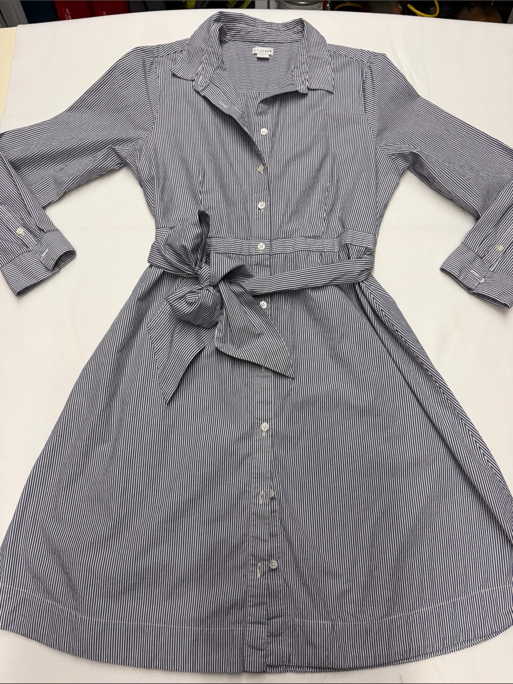 J.by J Crew Button-Front Shirt Dress with Waist Tie - Blue/White Stripe size 14